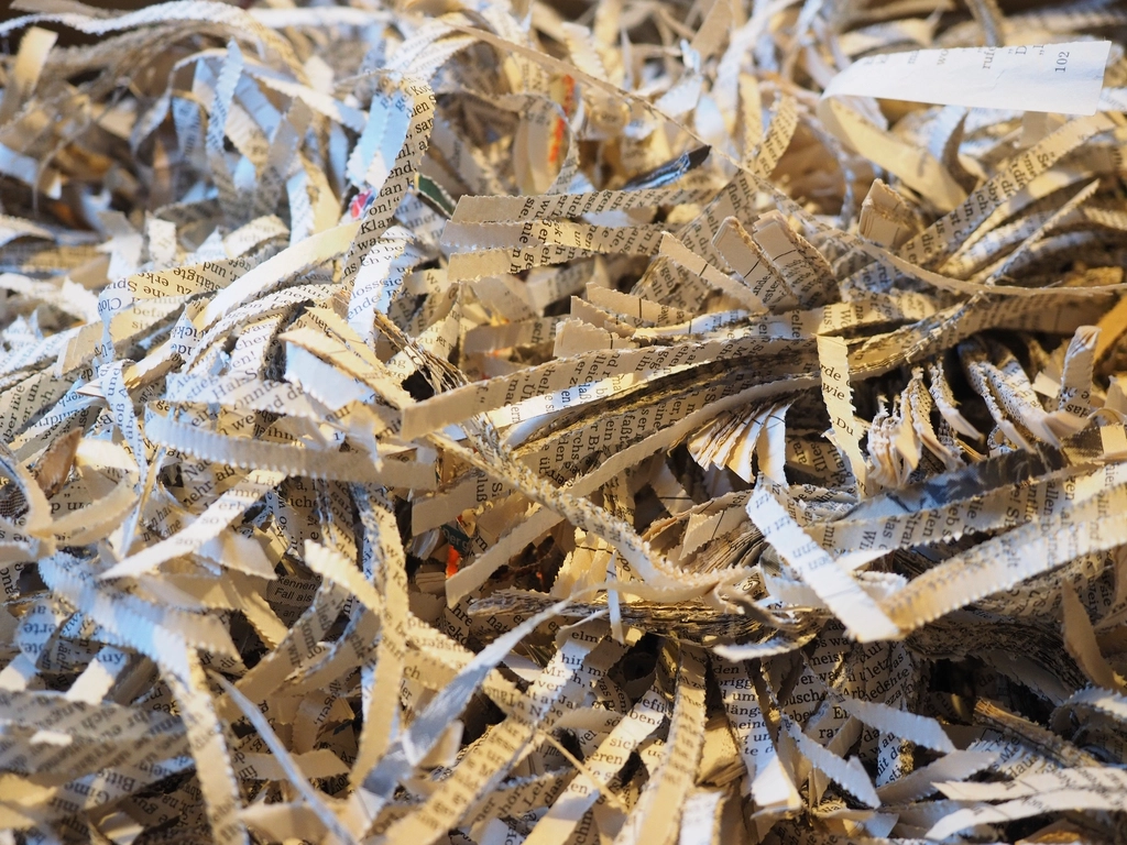 A pile of shredded paper strips with printed text